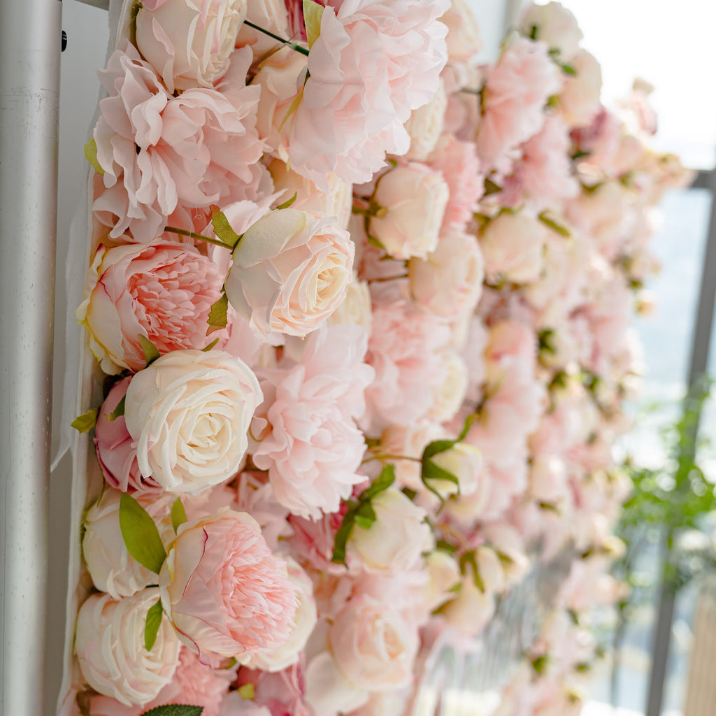 Roll Up Fabric Artificial Variety Of Pink And Cream Floral Bridal Shower Backdrop - Captivating Flowers Photography Arranged Party Event Decor-VF-503