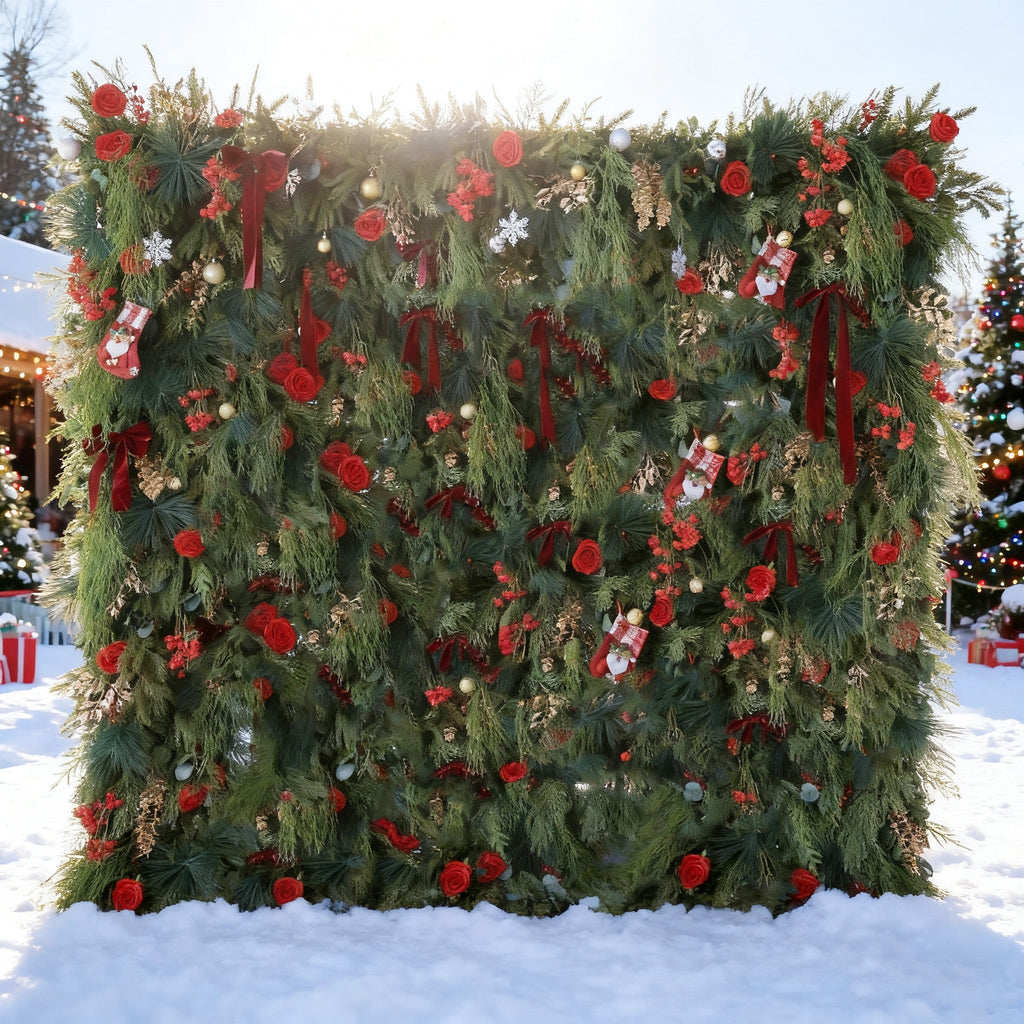 *USA ONLY*ValarFlowers Christmas Themed Floral Wall Backdrop: Festive Evergreen & Red Rose Masterpiece for Holiday Events & Decor-VF-491-2-U