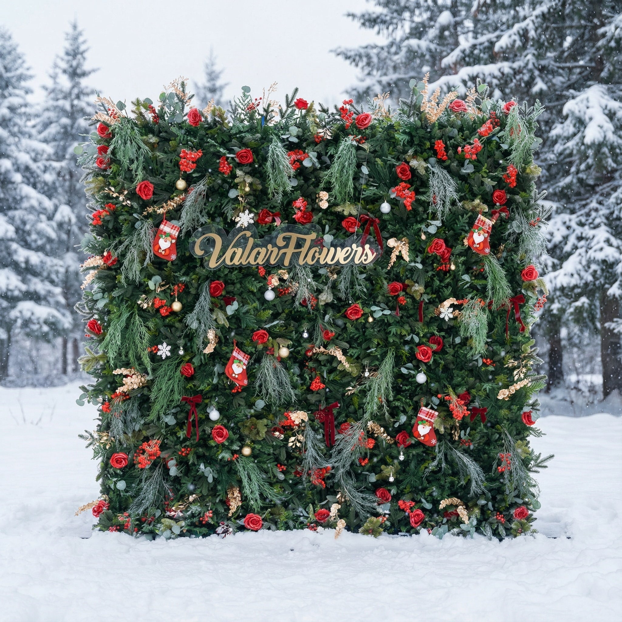 *USA ONLY*ValarFlowers Christmas Themed Floral Wall Backdrop: Festive Evergreen & Red Rose Masterpiece for Holiday Events & Decor-VF-491-2-U