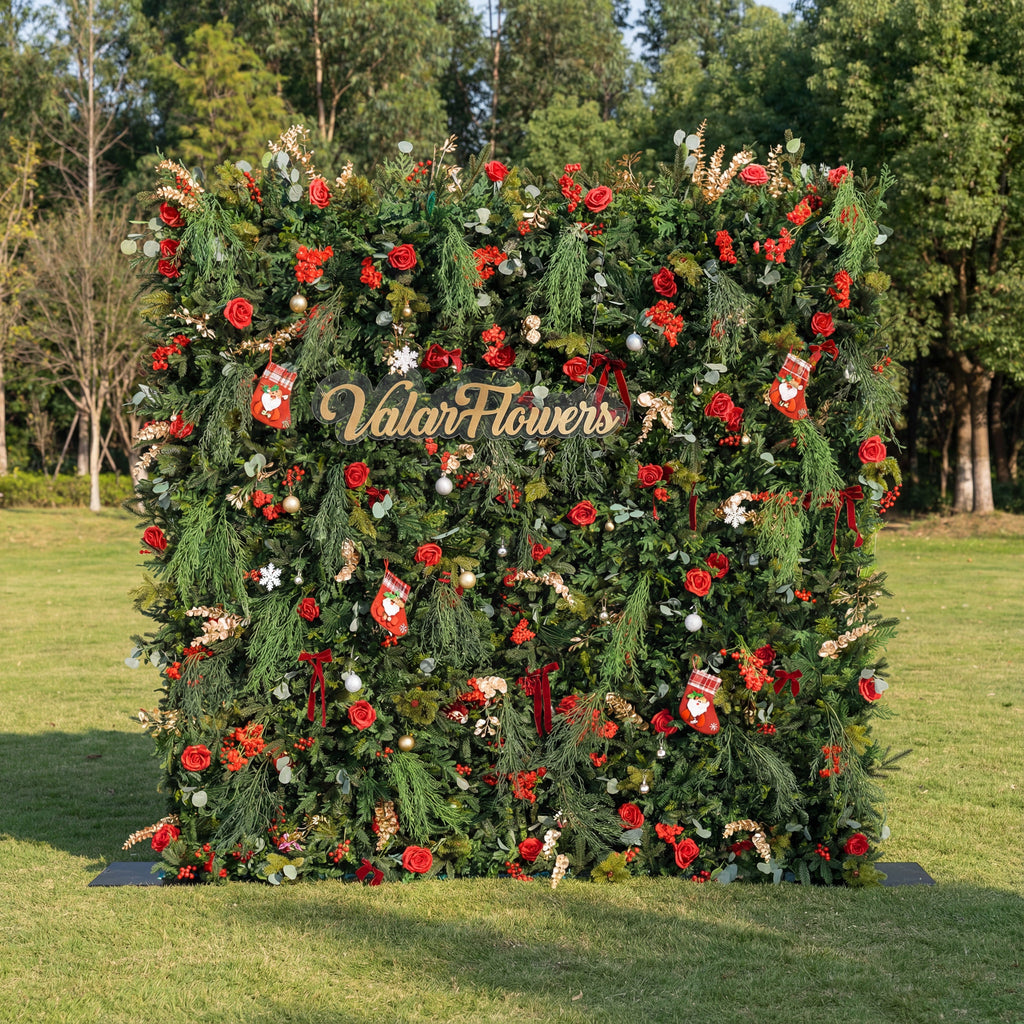 *USA ONLY*ValarFlowers Christmas Themed Floral Wall Backdrop: Festive Evergreen & Red Rose Masterpiece for Holiday Events & Decor-VF-491-2-U