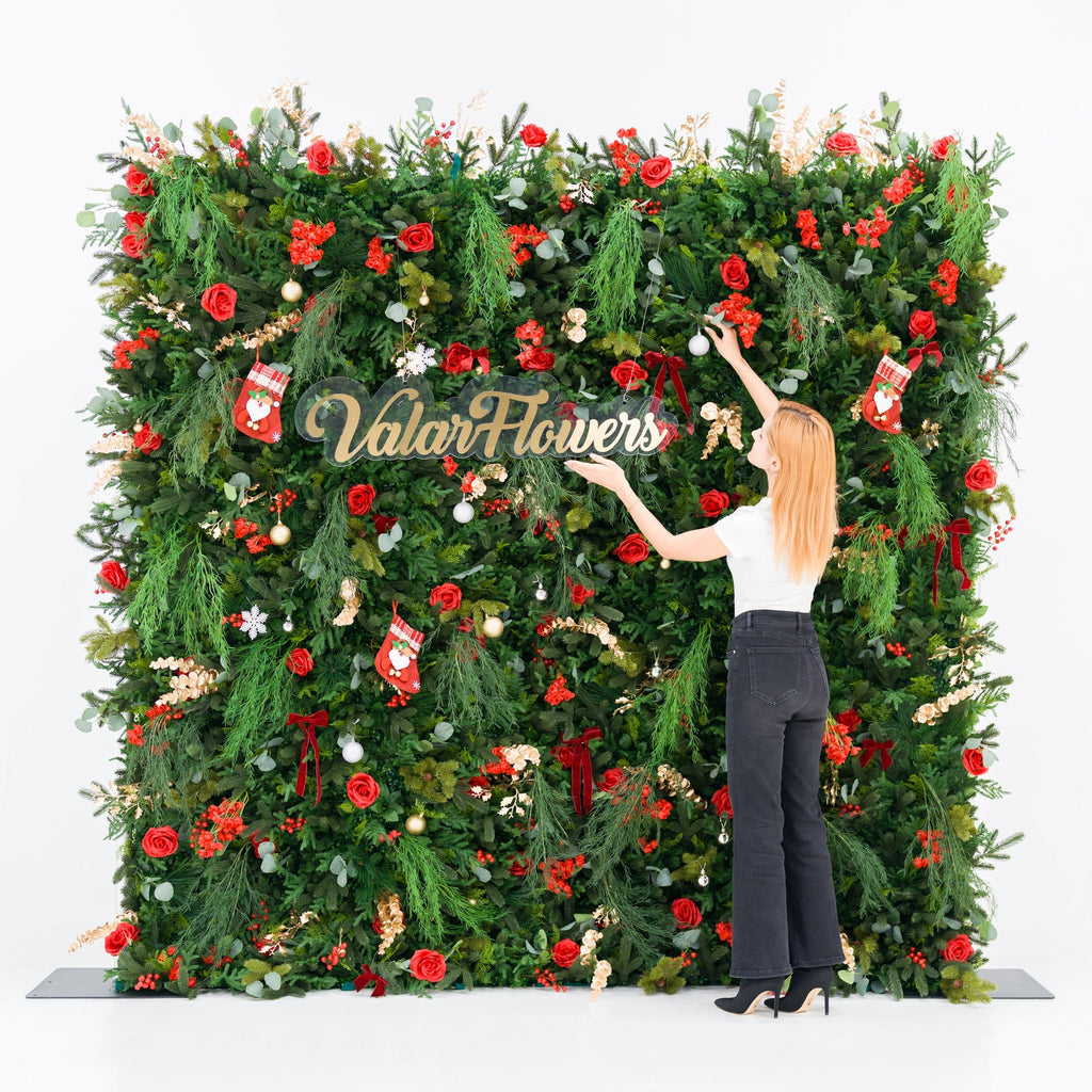 *USA ONLY*ValarFlowers Christmas Themed Floral Wall Backdrop: Festive Evergreen & Red Rose Masterpiece for Holiday Events & Decor-VF-491-2-U
