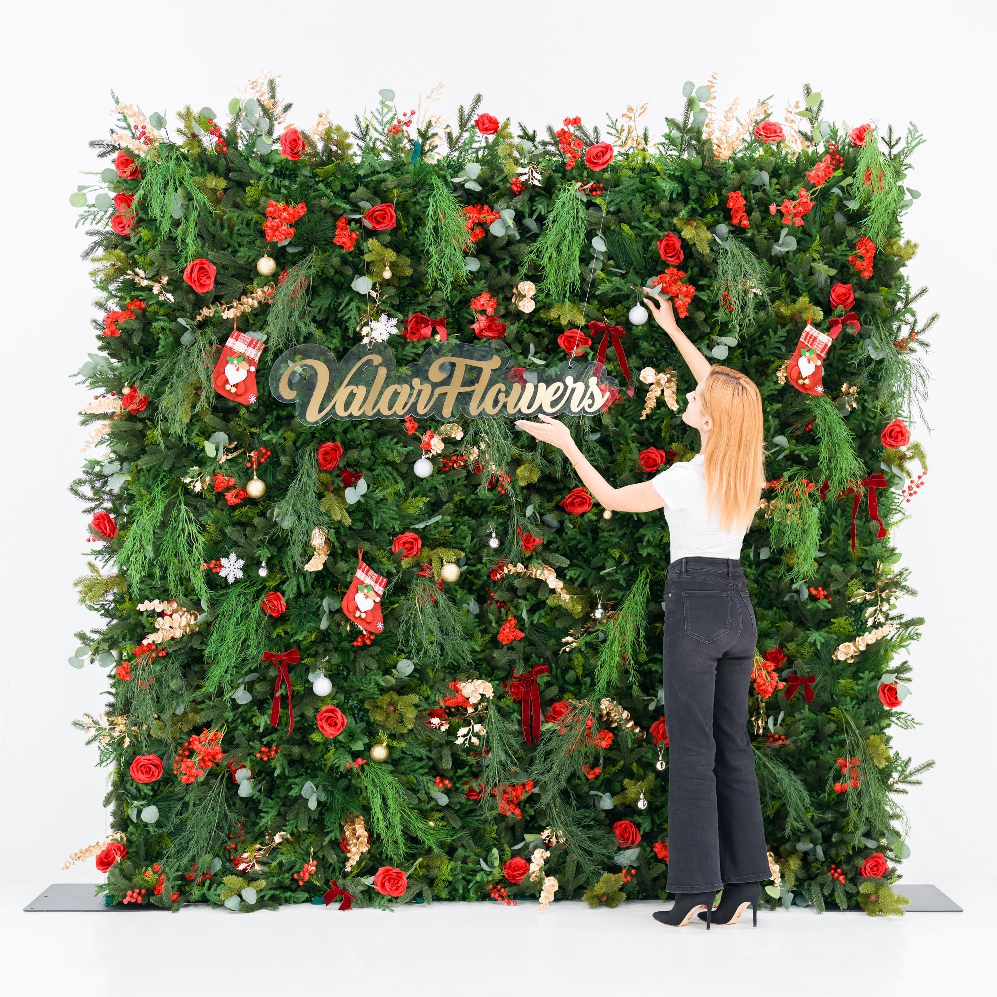 *USA ONLY*ValarFlowers Christmas Themed Floral Wall Backdrop: Festive Evergreen & Red Rose Masterpiece for Holiday Events & Decor-VF-491-2-U